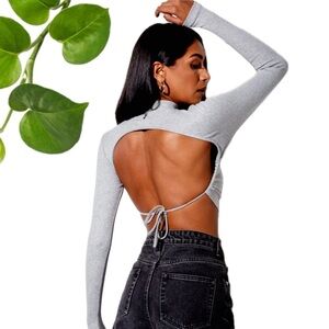 Motel Rocks Cropped Long Sleeve Open Back Ribbed Grey Mock Turtleneck Top Small